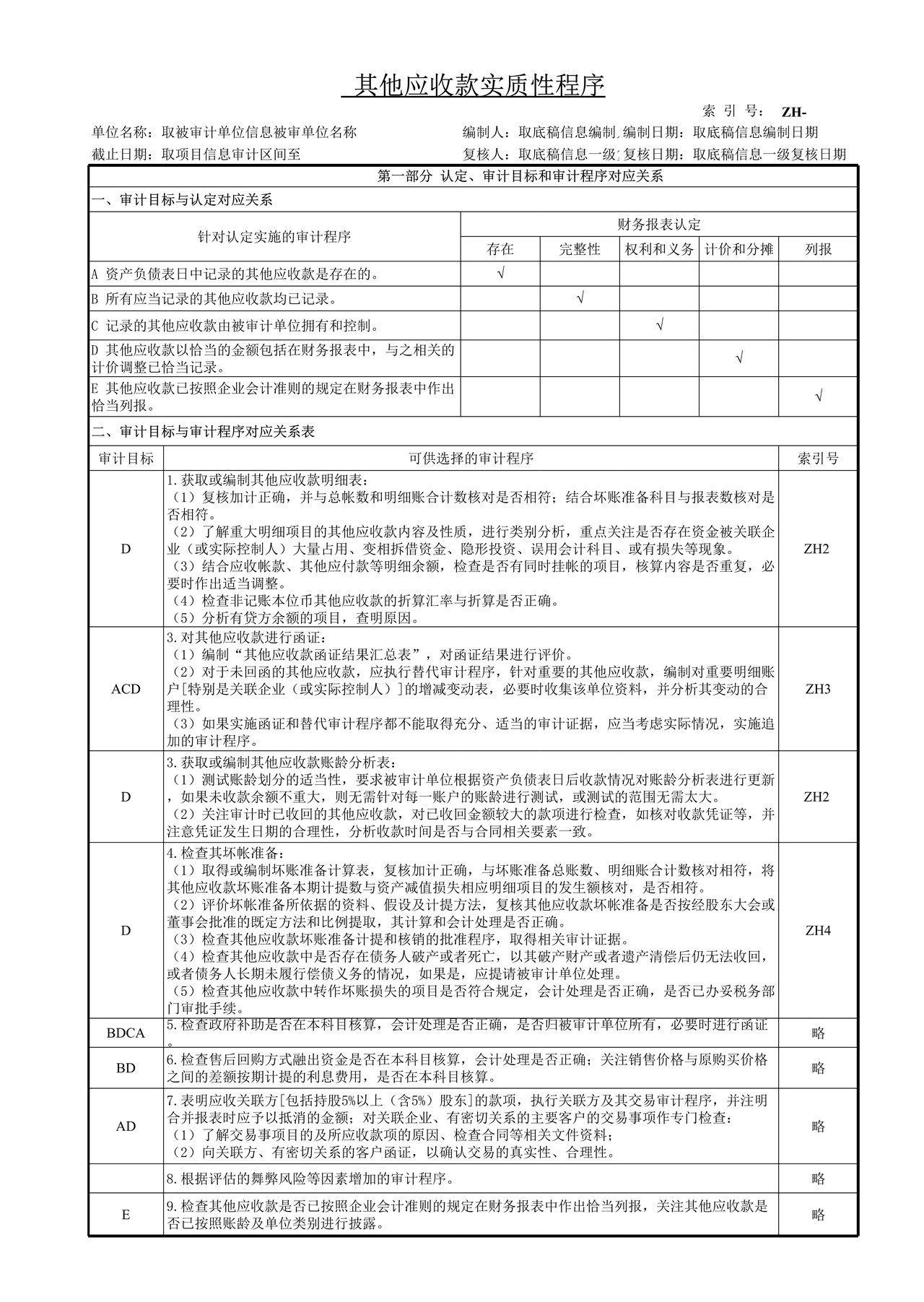 审计工作底稿模板—ZH其他应收款