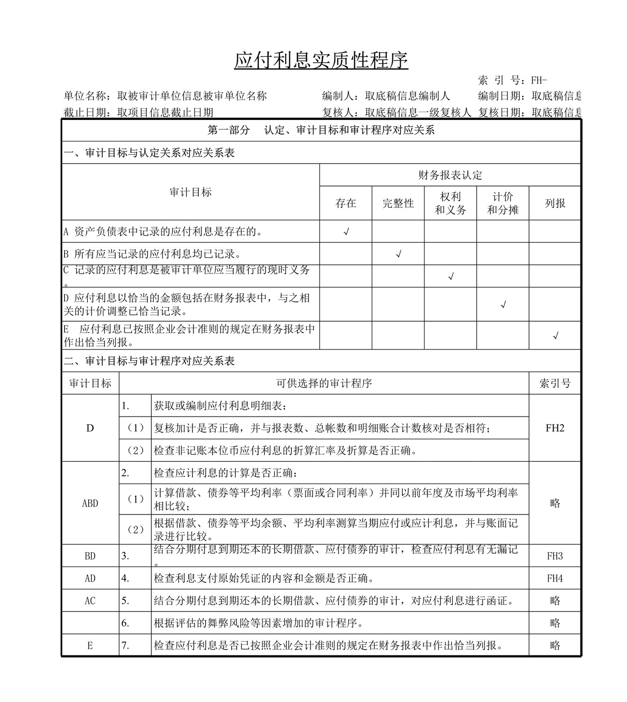 审计工作底稿模板—FH应付利息