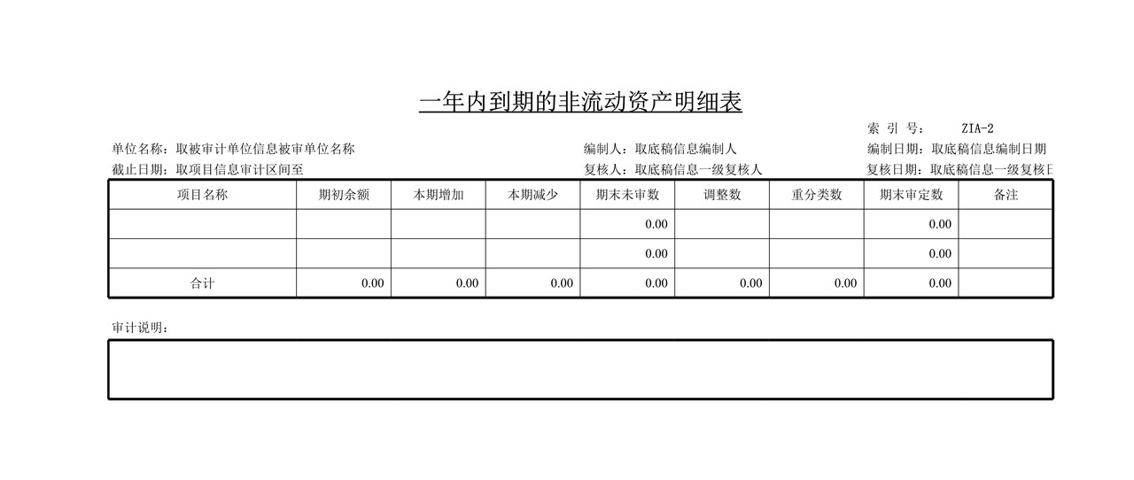 审计工作底稿模板—ZIA一年内到期的非流动资产