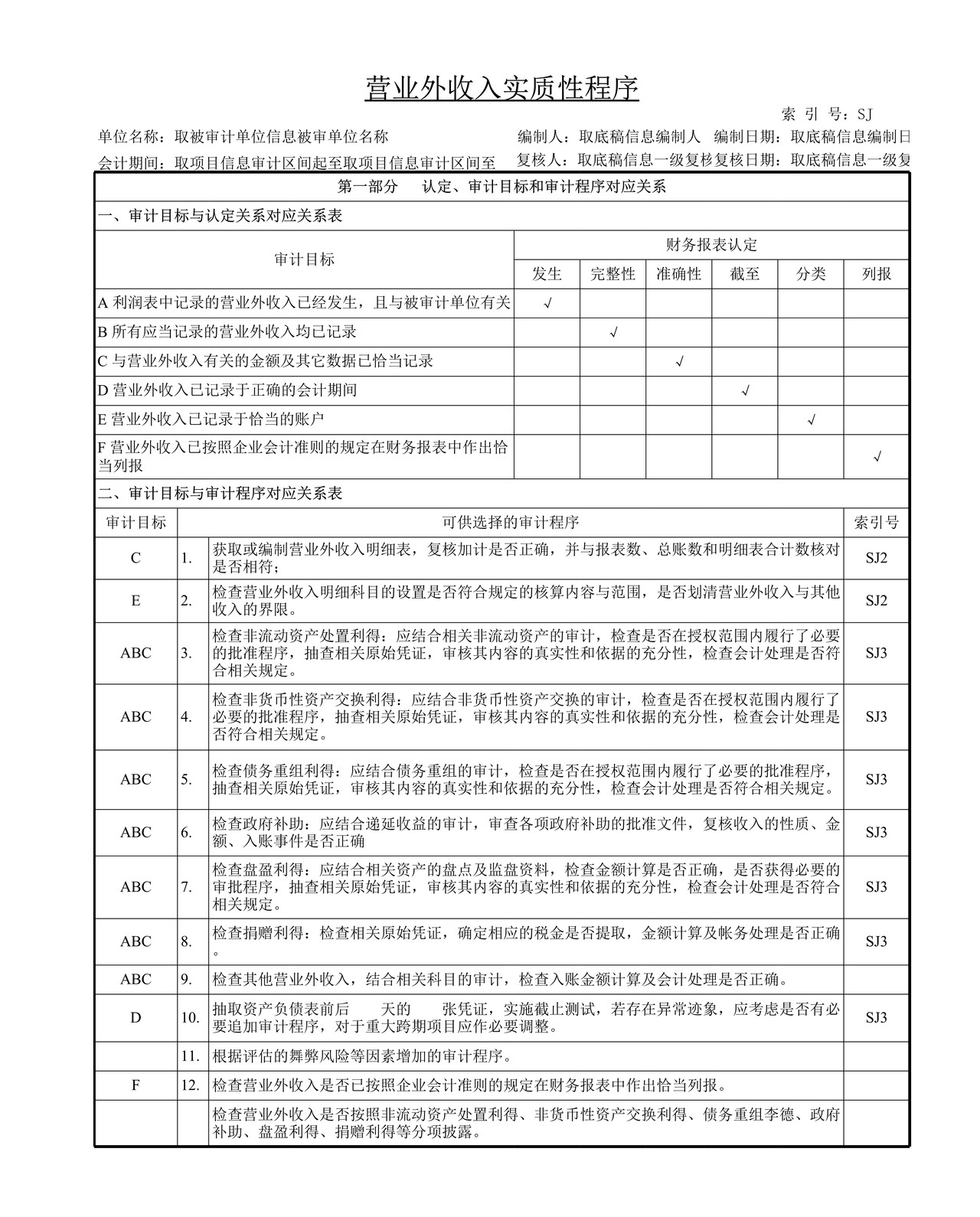 审计工作底稿模板—SJ营业外收入