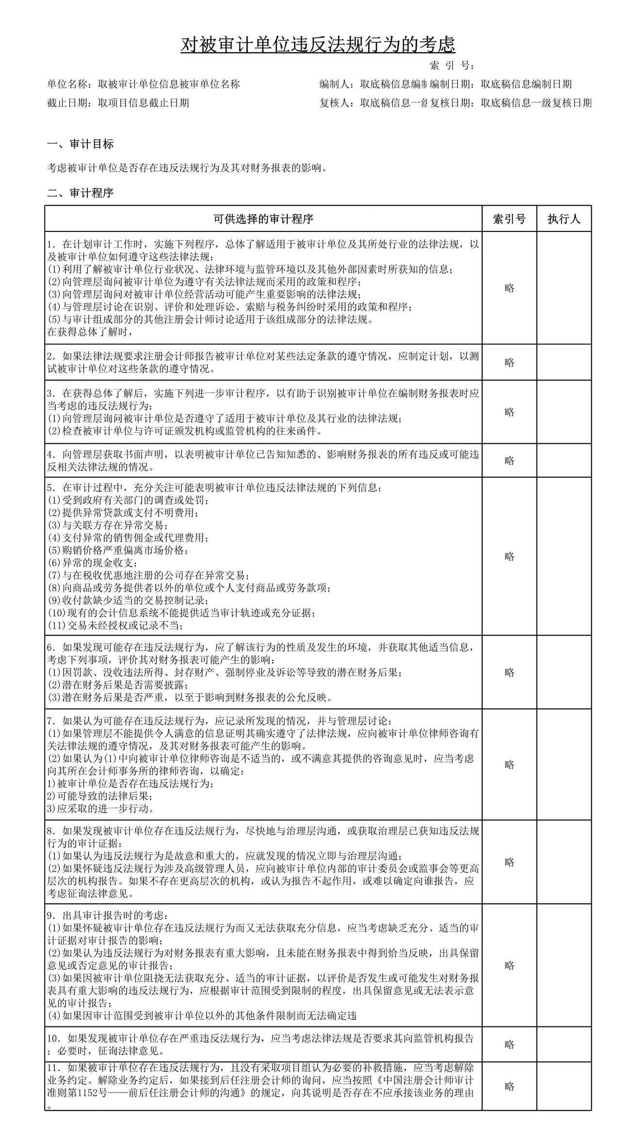 审计工作底稿模板—DH1对被审计单位违反法规行为的考虑
