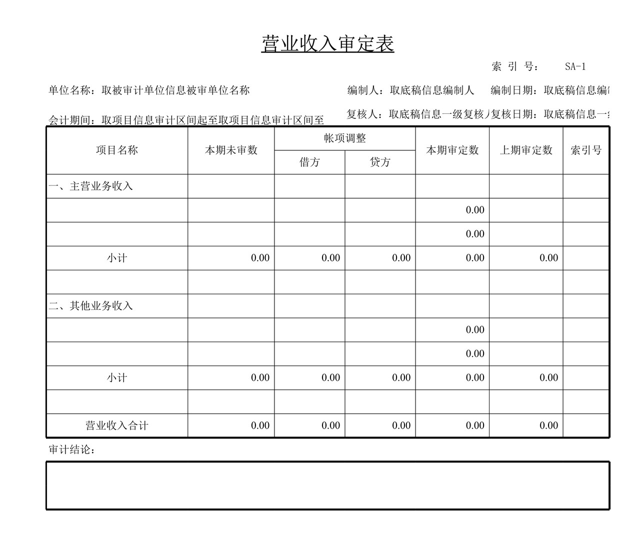 审计工作底稿模板—SA营业收入