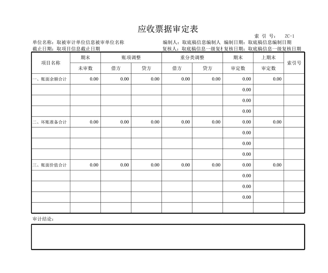 审计工作底稿模板—ZC应收票据