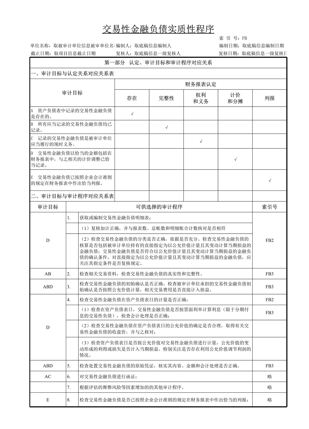 审计工作底稿模板—FB交易性金融负债
