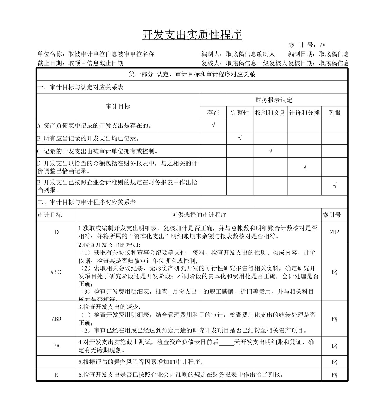 审计工作底稿模板—ZV开发支出