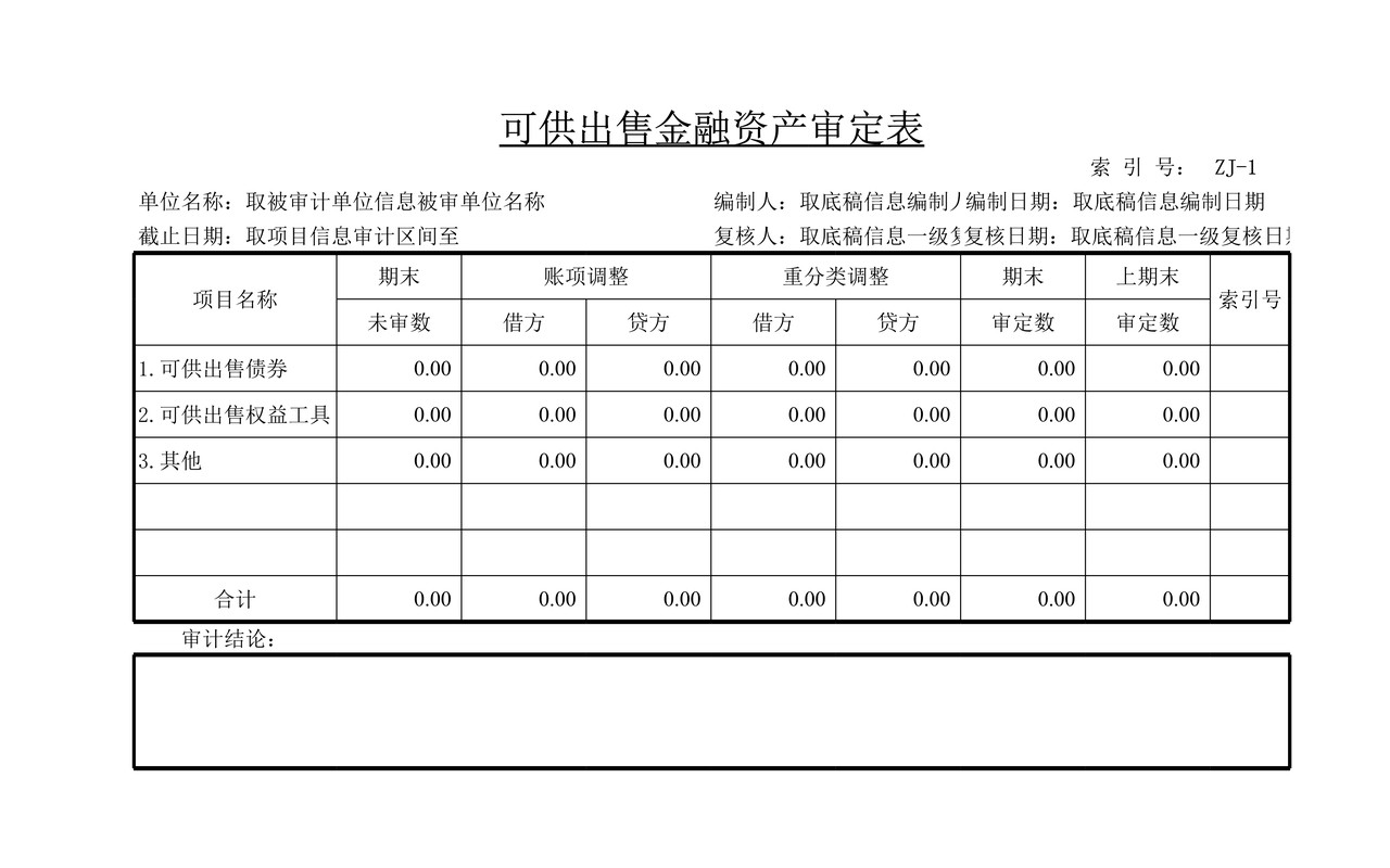 审计工作底稿模板—ZJ可供出售金融资产