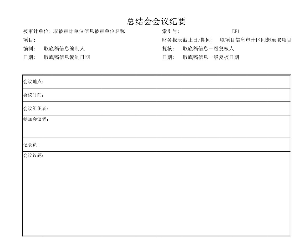审计工作底稿模板—EF1总结会会议纪要