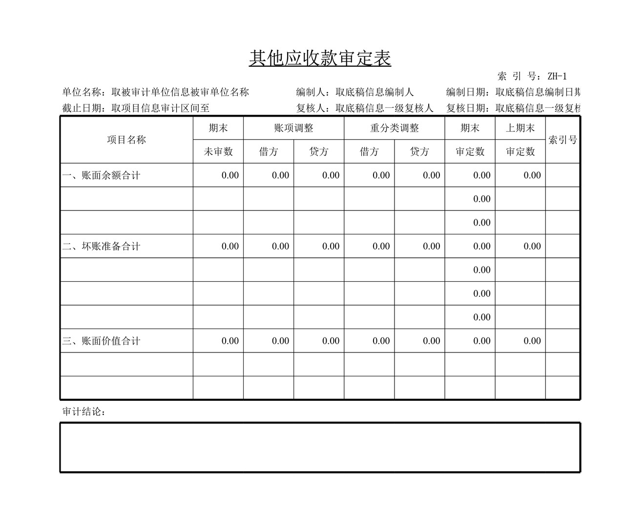 审计工作底稿模板—ZH其他应收款
