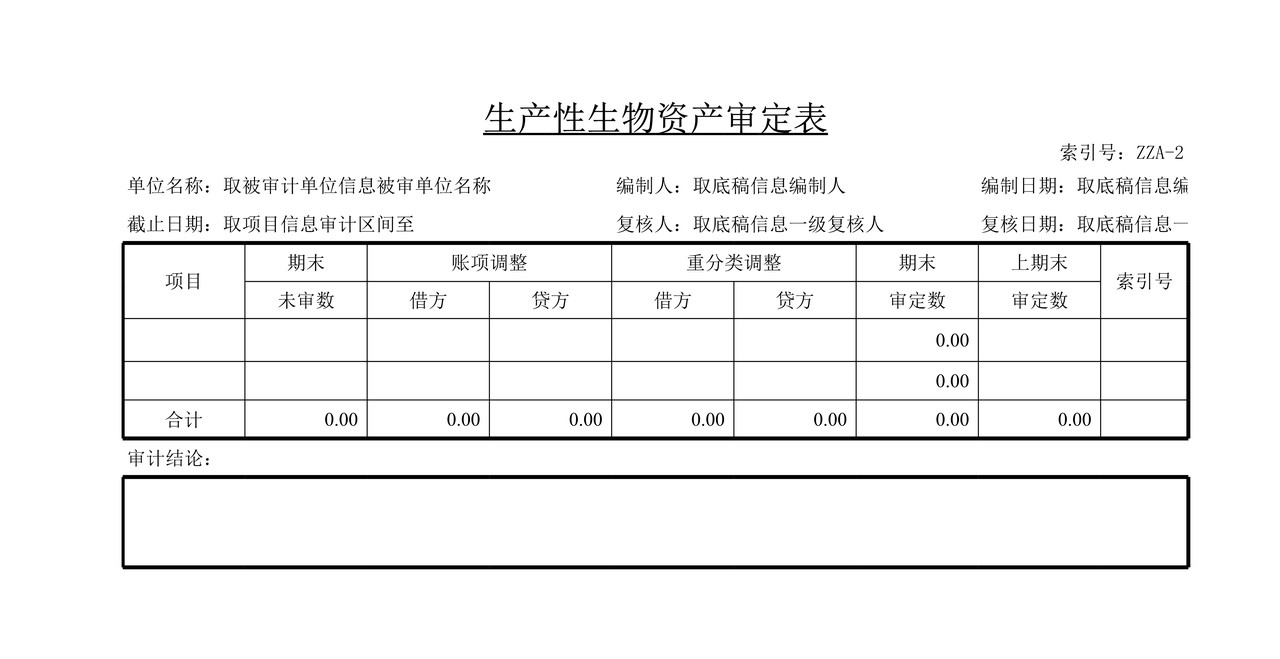 审计工作底稿模板—ZZA生产性生物资产