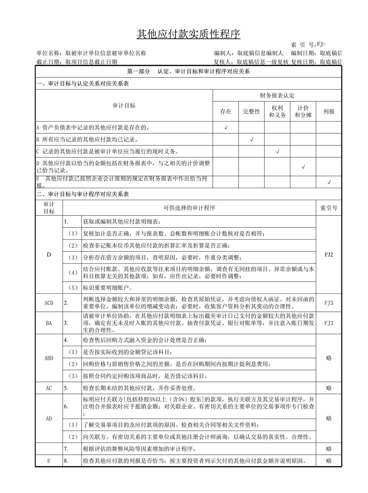 审计工作底稿模板—FJ其他应付款