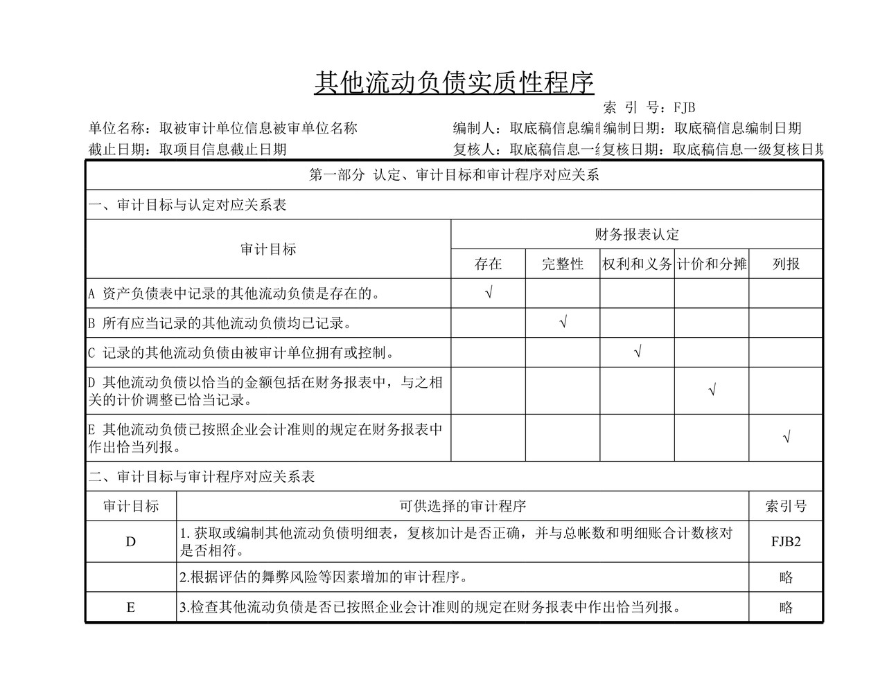 审计工作底稿模板—FJB其他流动负债