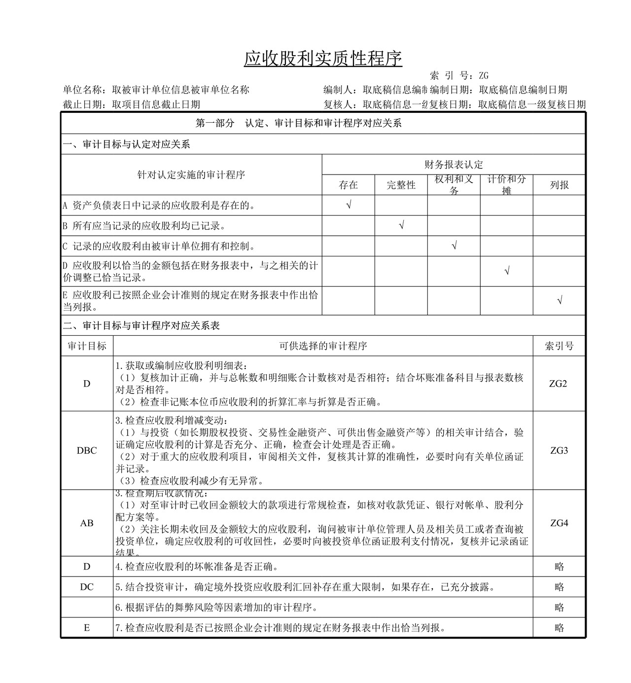审计工作底稿模板—ZG应收股利