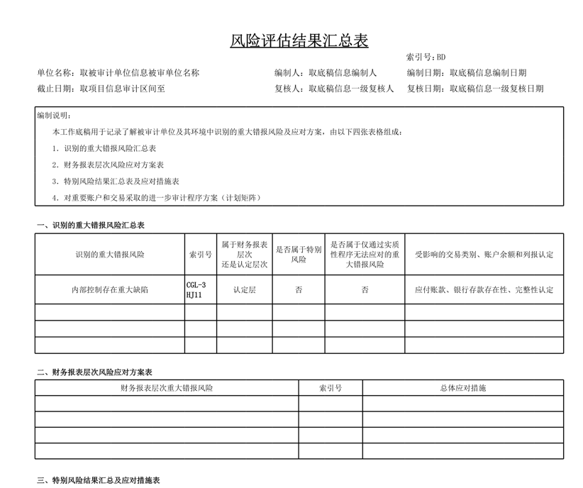 审计工作底稿模板—BD风险评估结果汇总表