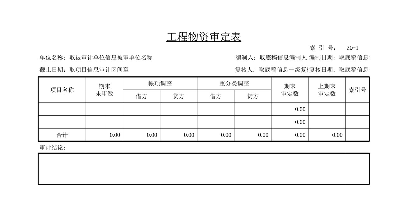 审计工作底稿模板—ZQ工程物资