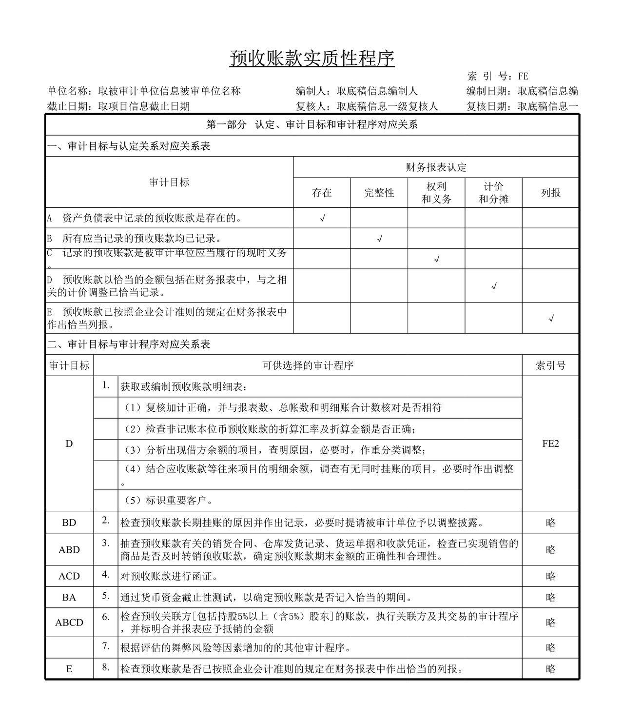 审计工作底稿模板—FE预收账款