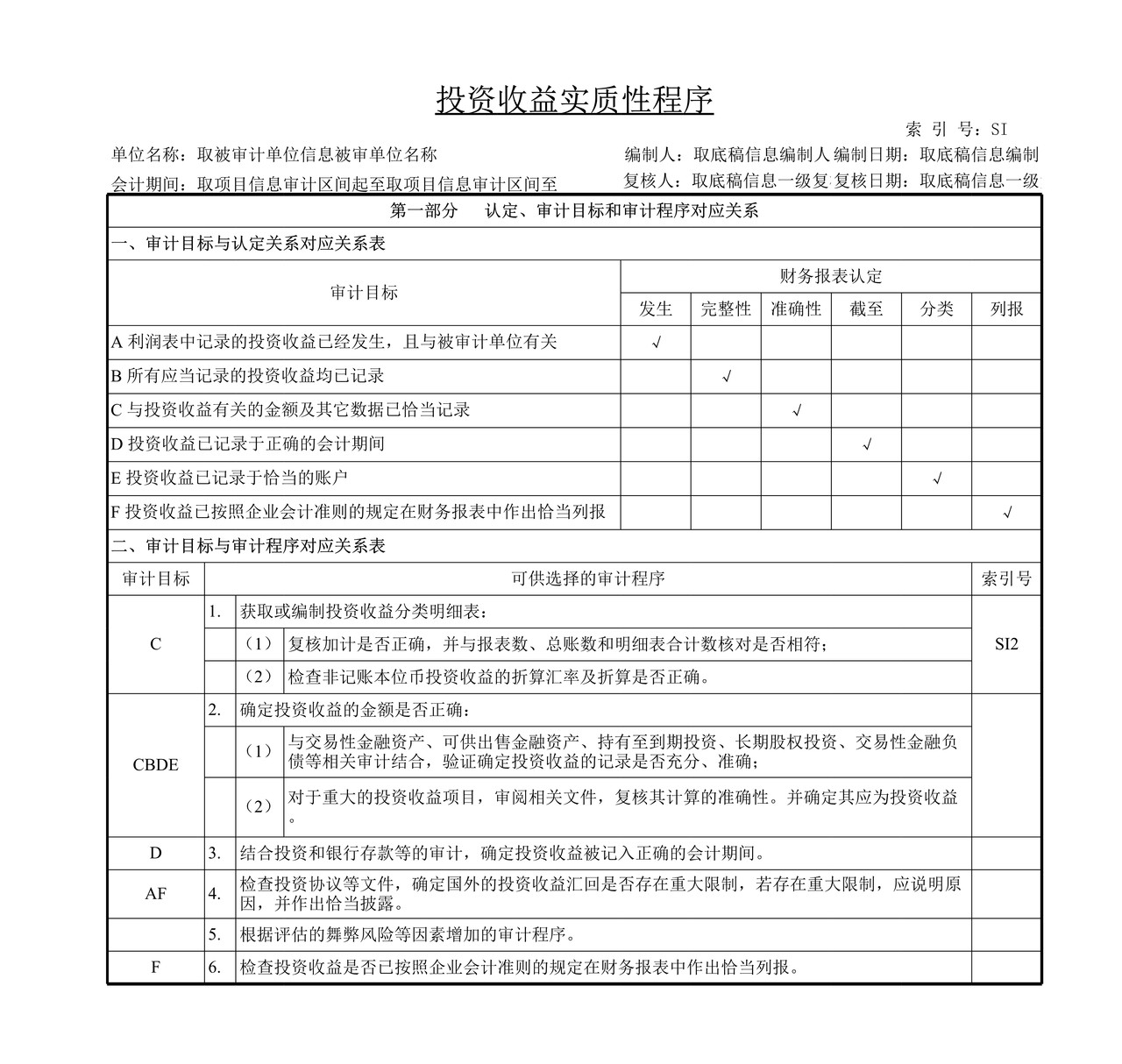 审计工作底稿模板—SI投资收益