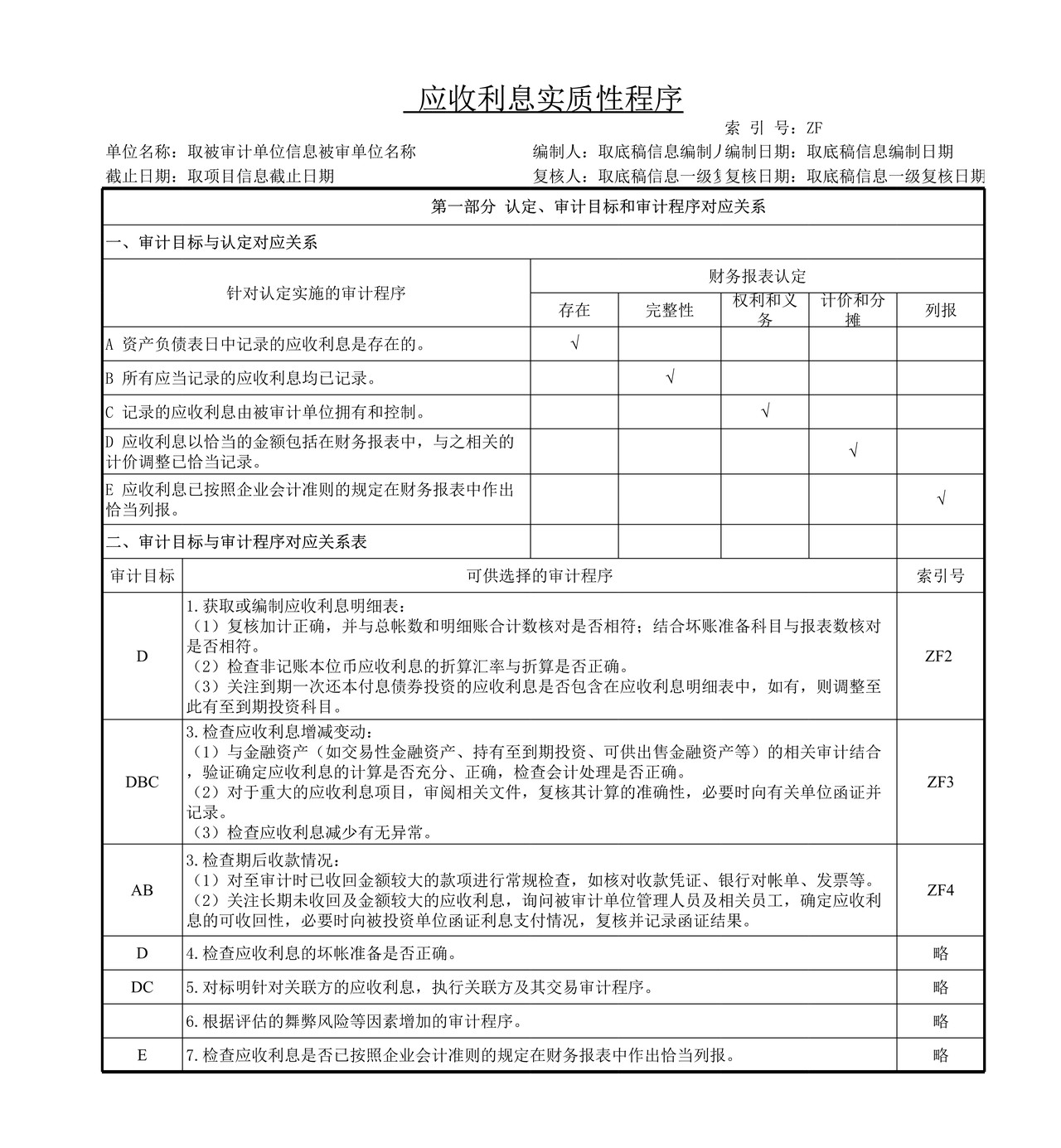 审计工作底稿模板—ZF应收利息