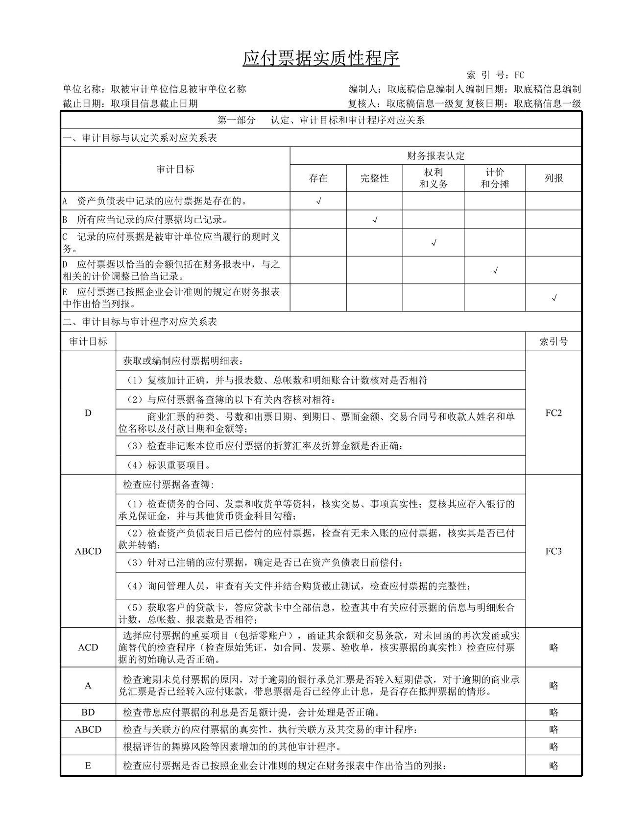 审计工作底稿模板—FC应付票据
