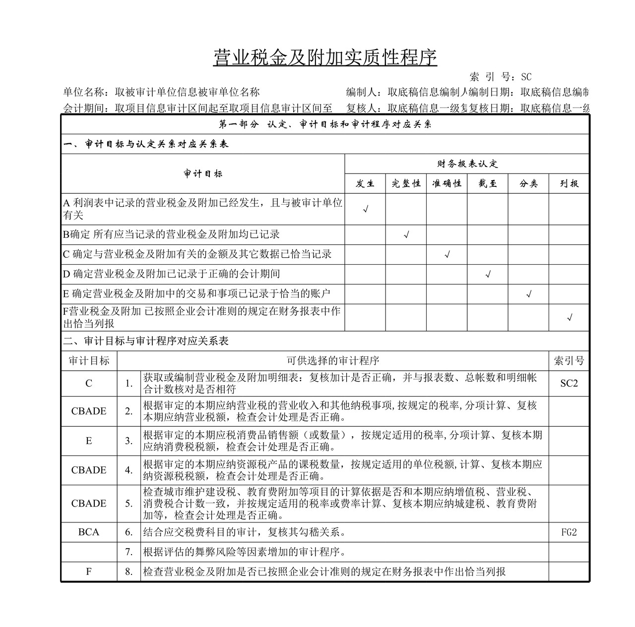 审计工作底稿模板—SC营业税金及附加