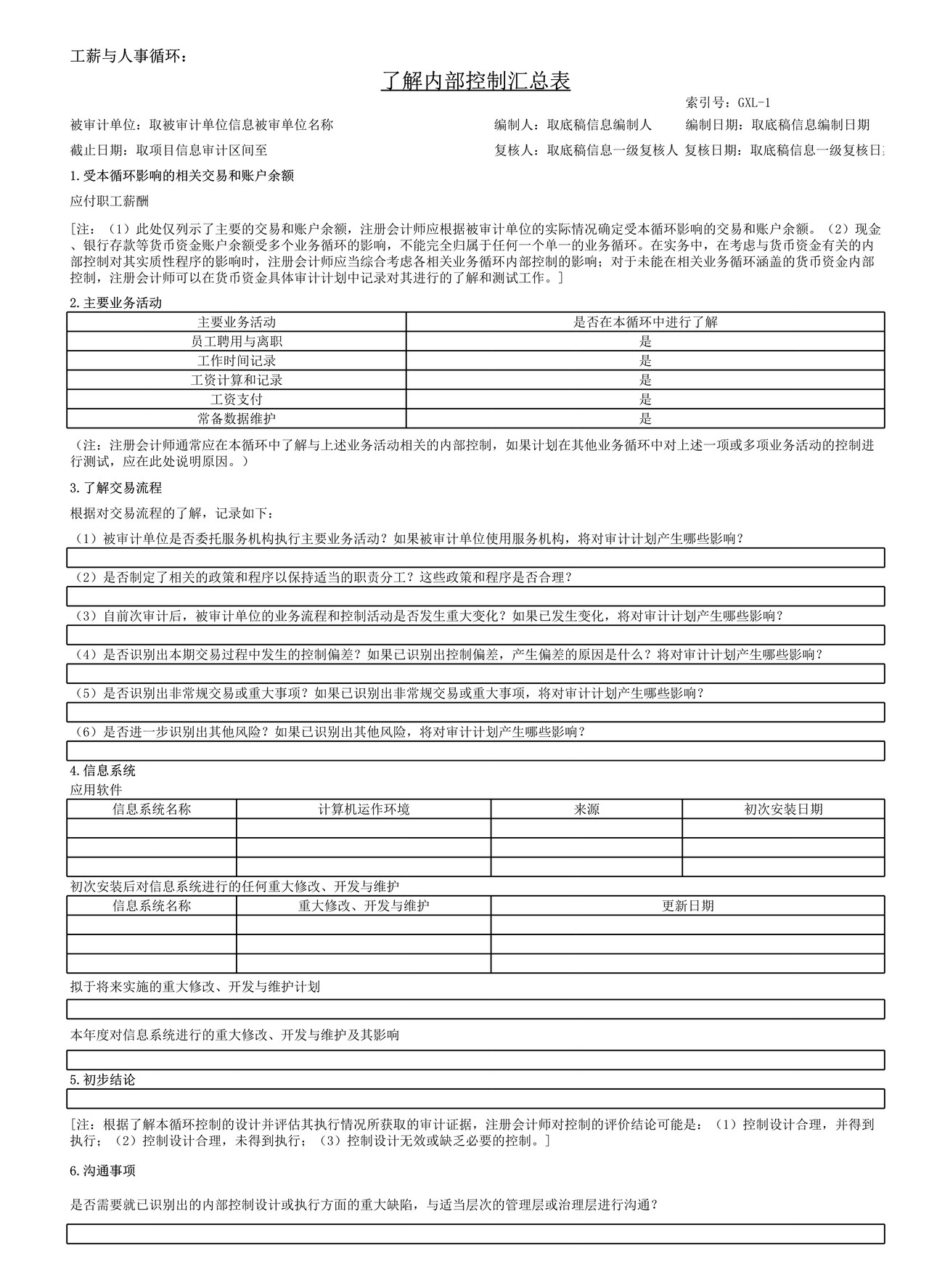 审计工作底稿模板—GXL工薪与人事