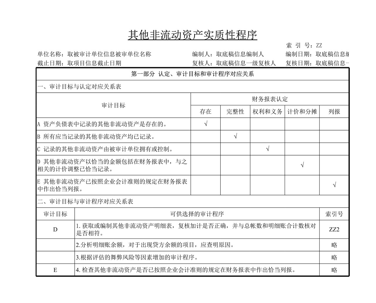 审计工作底稿模板—ZZ其他非流动资产