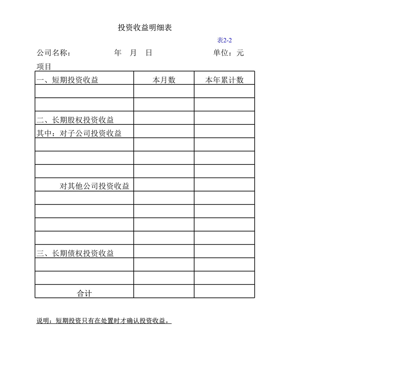 投资收益明细表