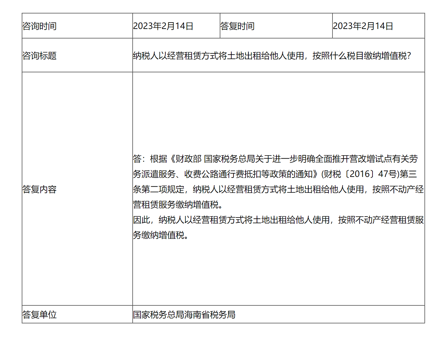 国家税务总局海南省税务局——纳税人以经营租赁方式将土地出租给他人使用，按照什么税目缴纳增值税？-1