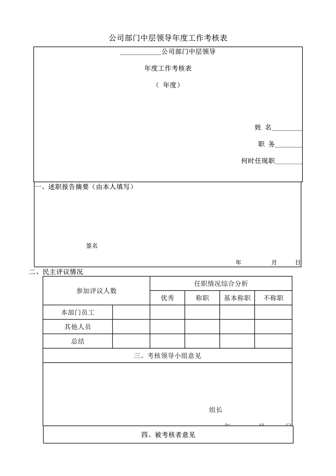 公司部门中层领导年度工作考核表