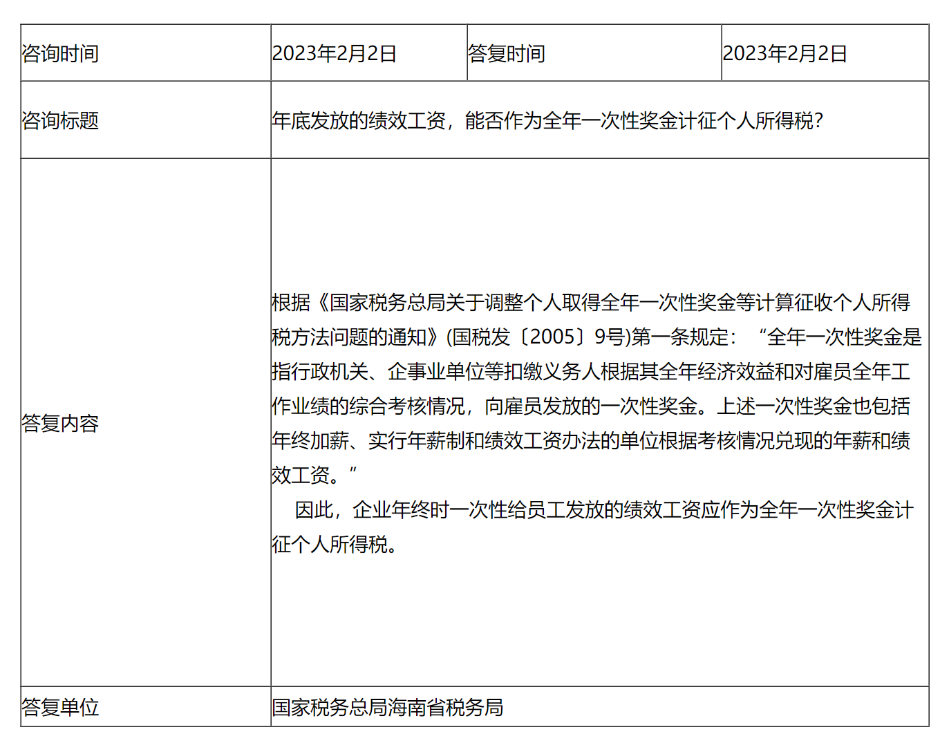 国家税务总局海南省税务局——绩效工资，全年一次性奖金计征个人所得税-1