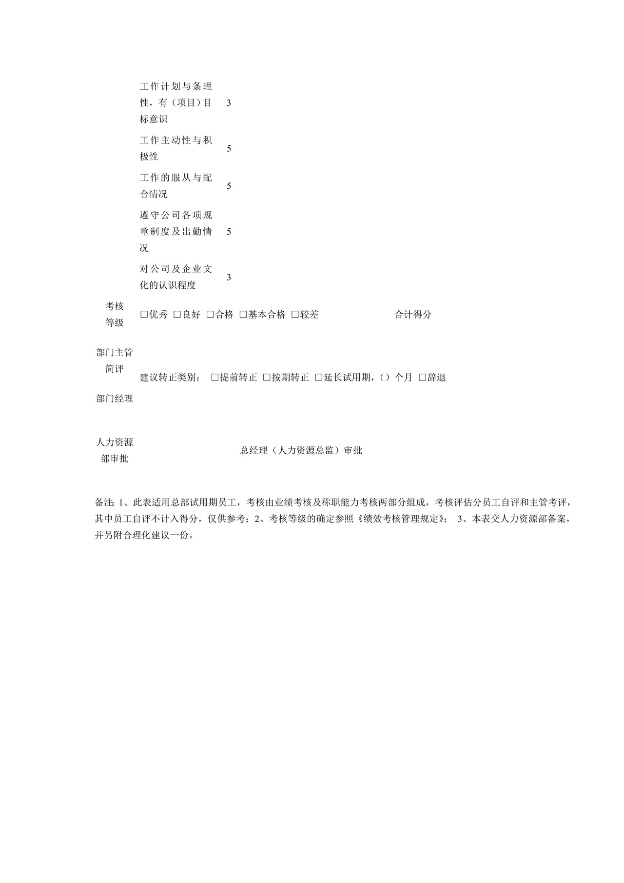 试用期员工转正考核表