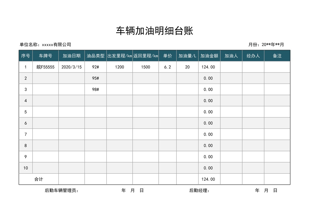 公司单位公务车加油明细台账