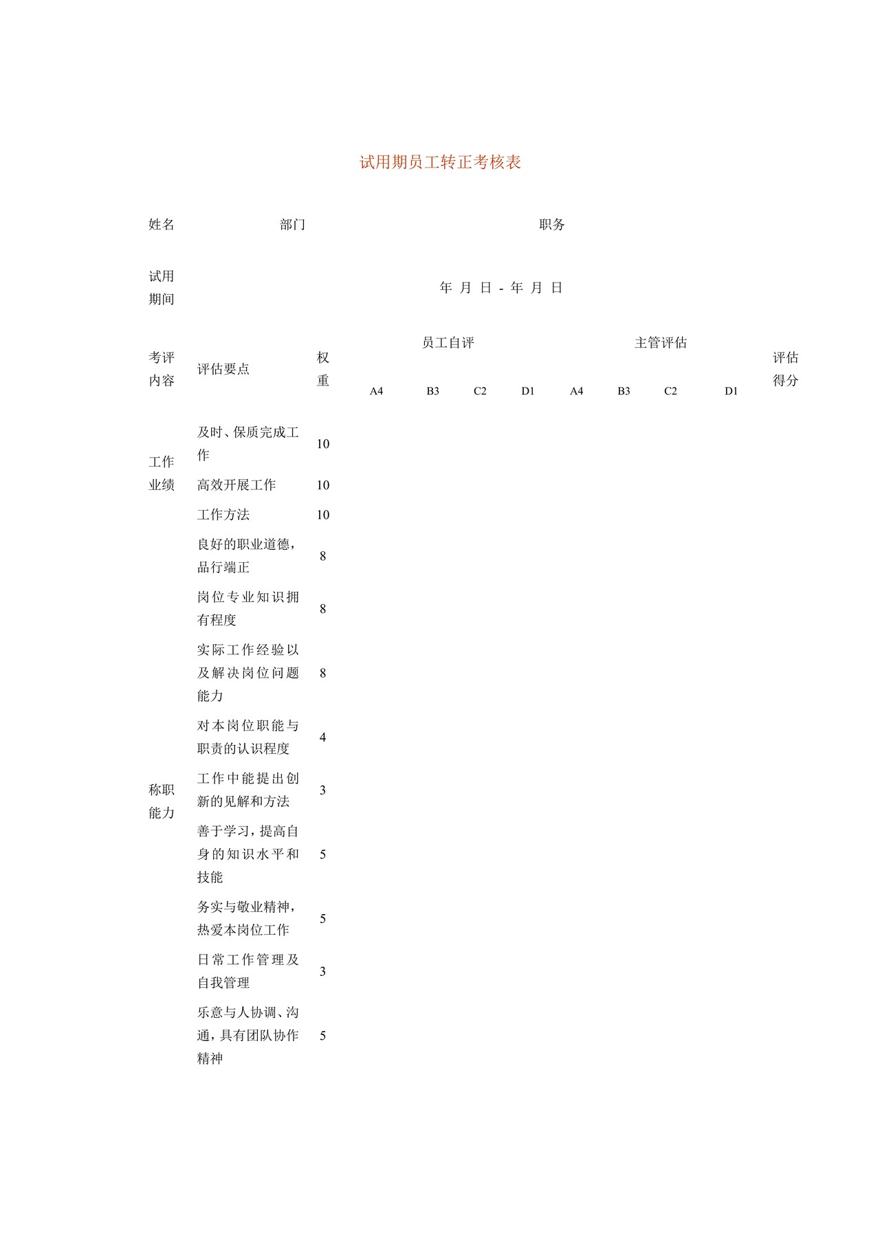 试用期员工转正考核表