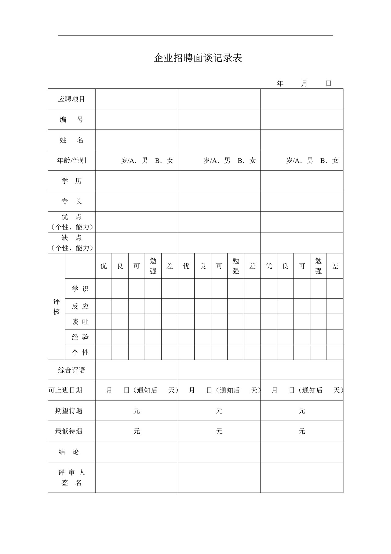 企业招聘面谈记录表格-模板