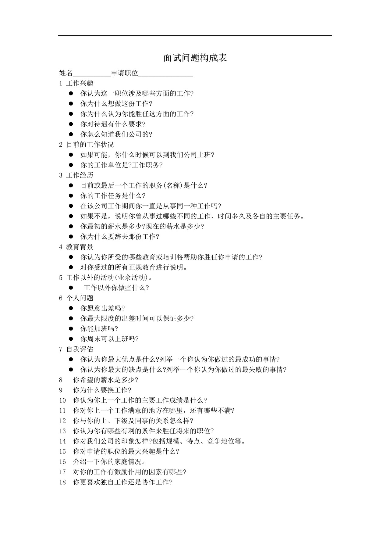面试问题构成表