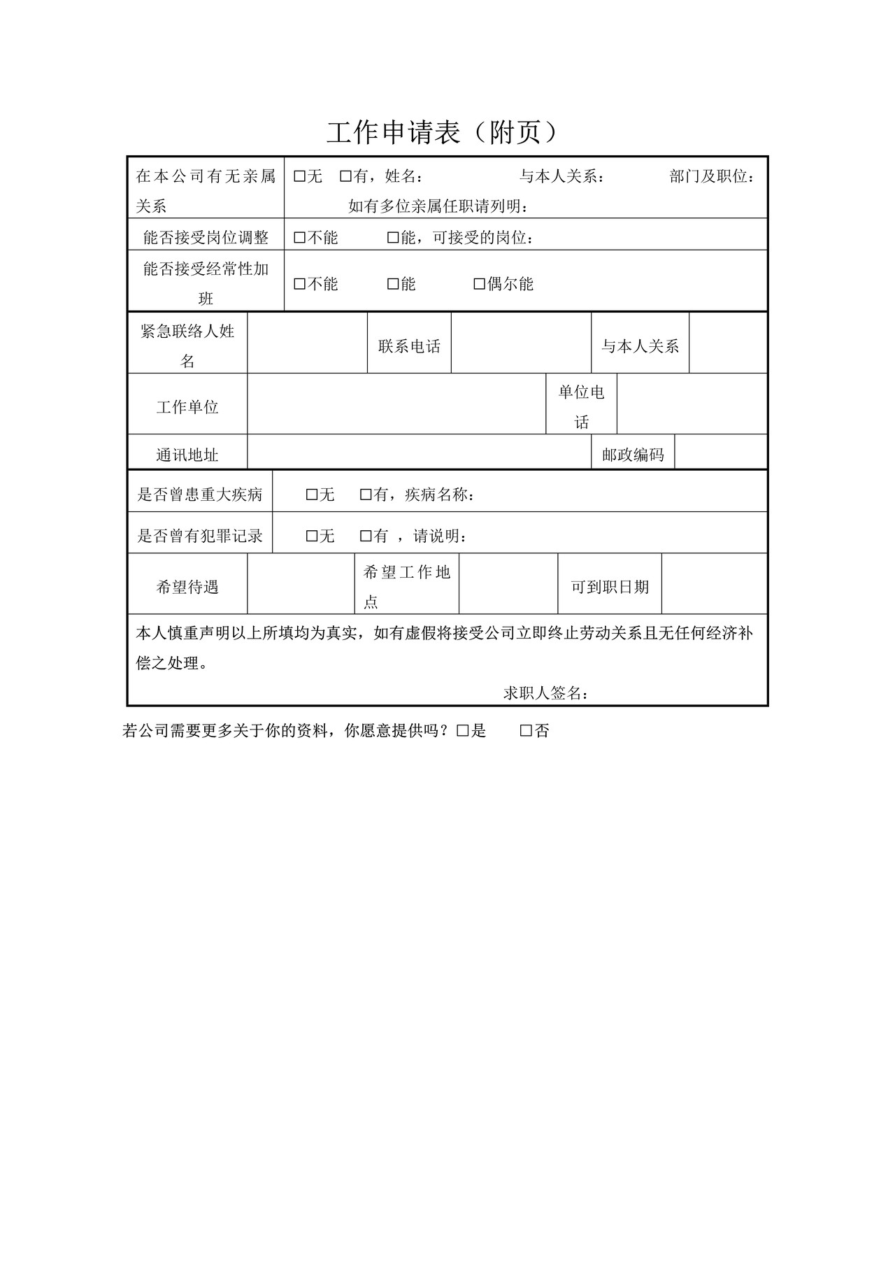 工作申请表（附页）