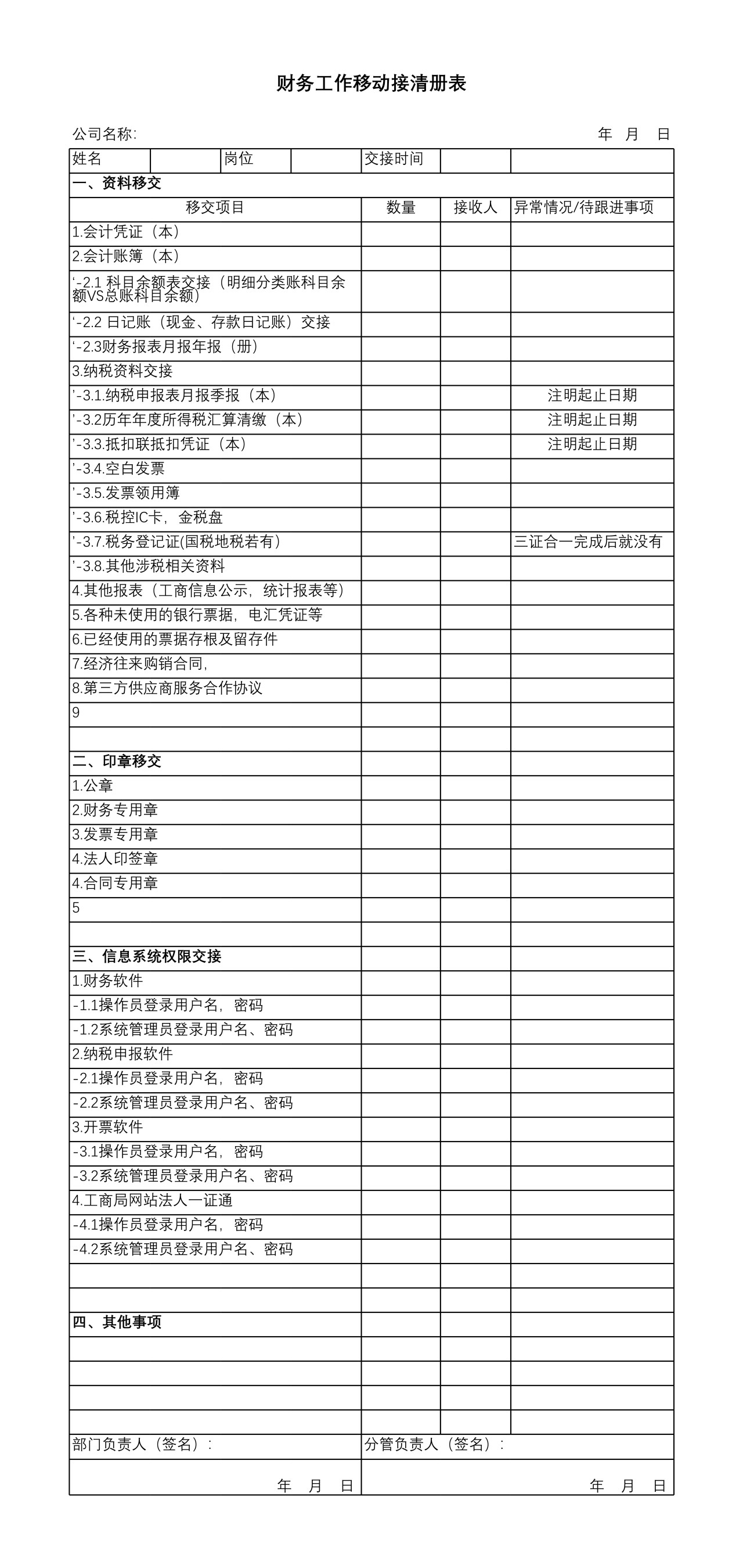 财务工作移交接清册表2022