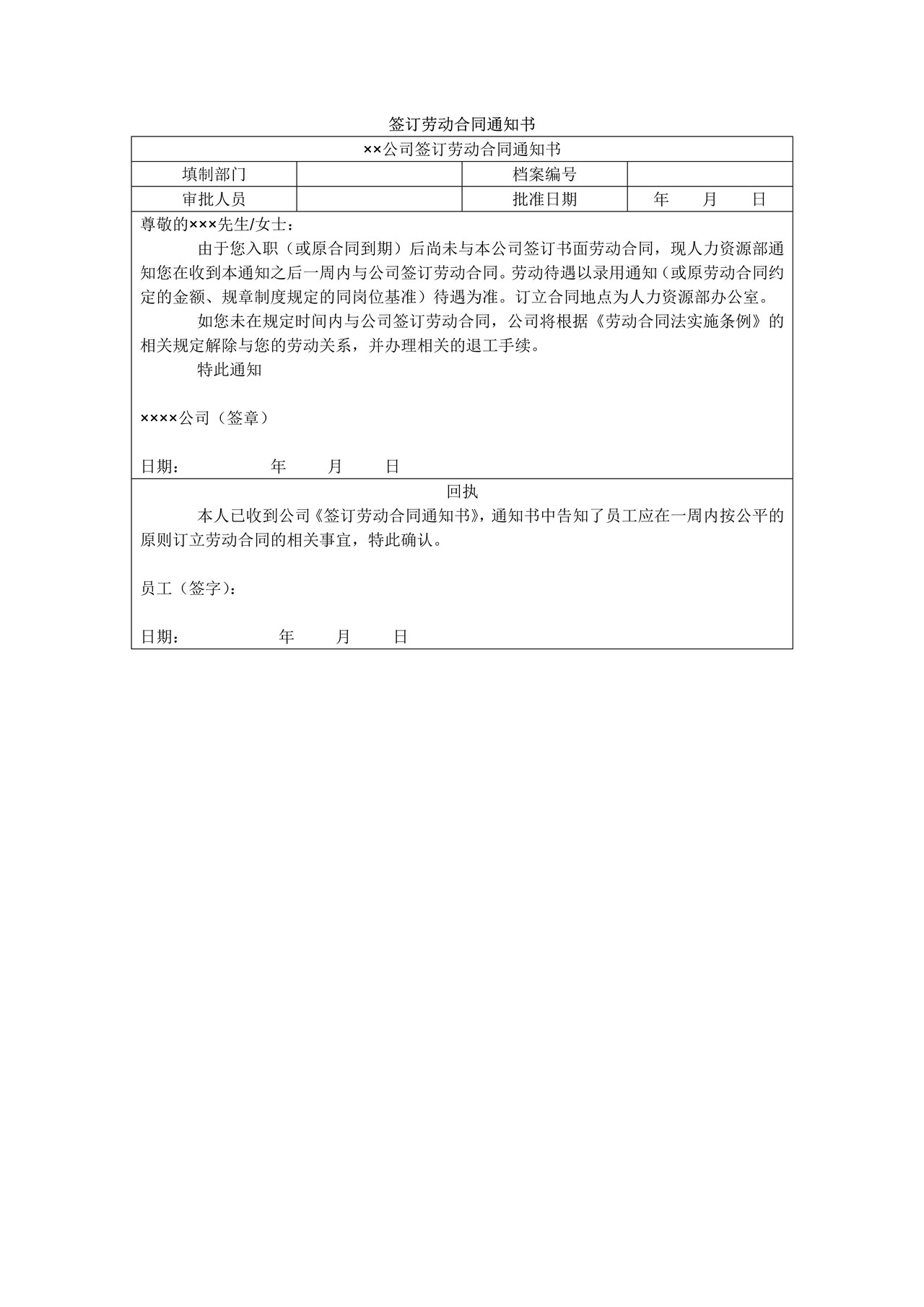 签订劳动合同通知书