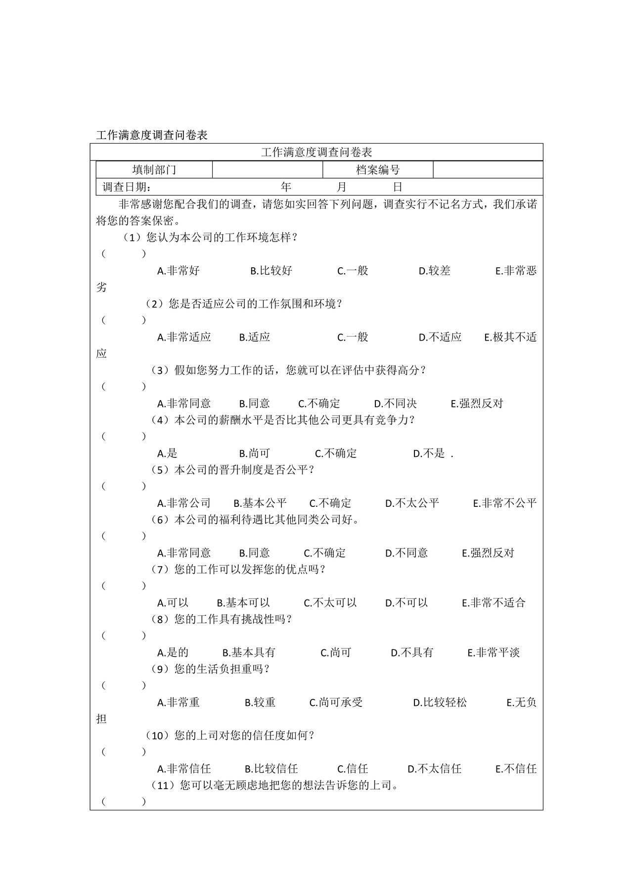 工作满意度调查问卷表
