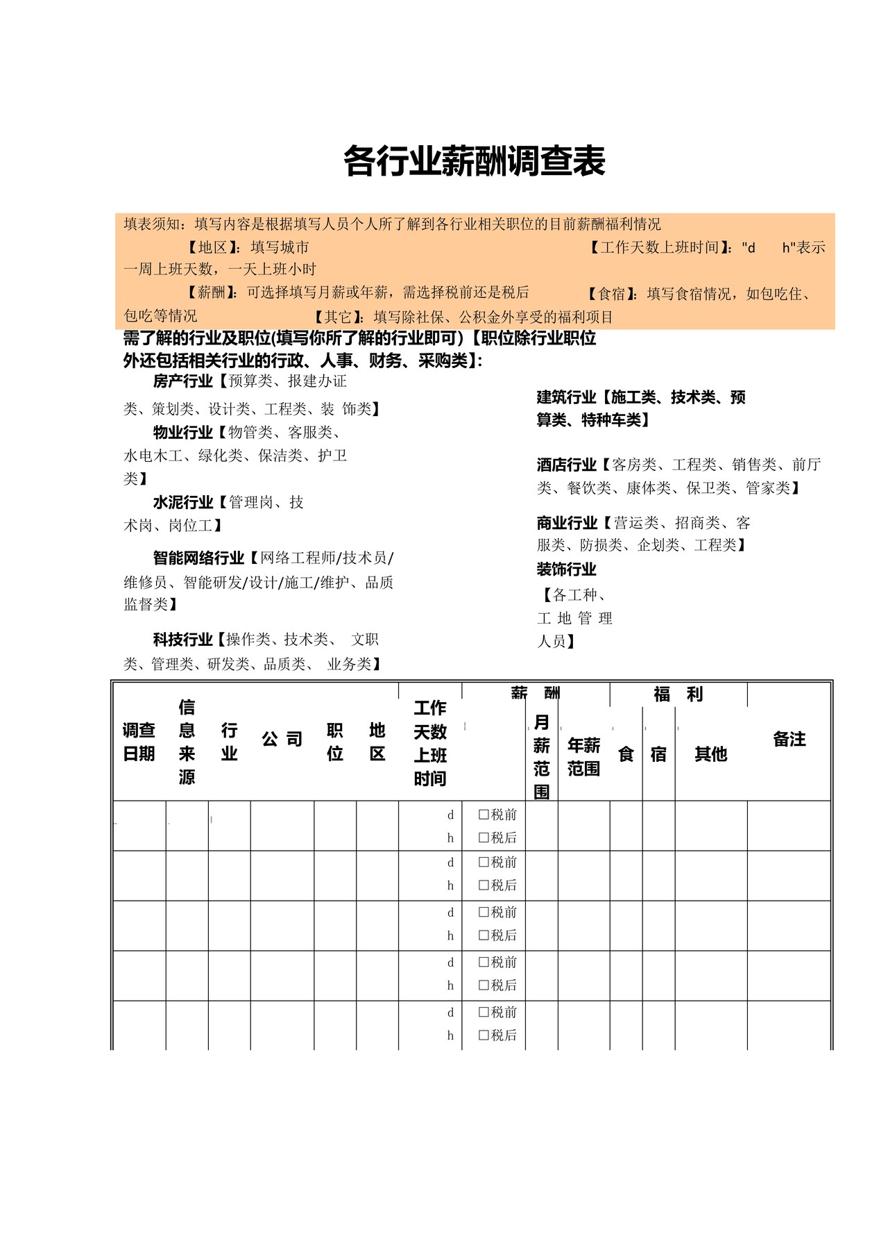 各行业薪酬调查表