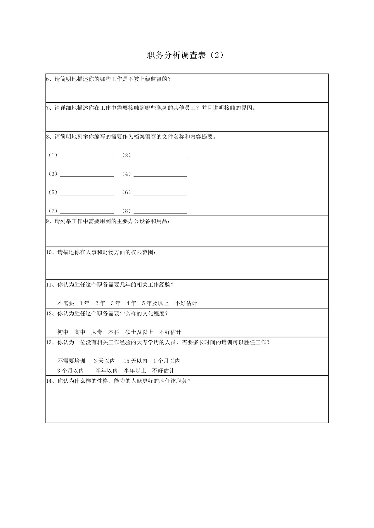 职务分析调查表-模板2