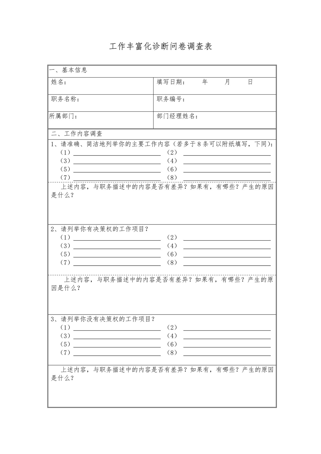 工作丰富化诊断问卷调查表