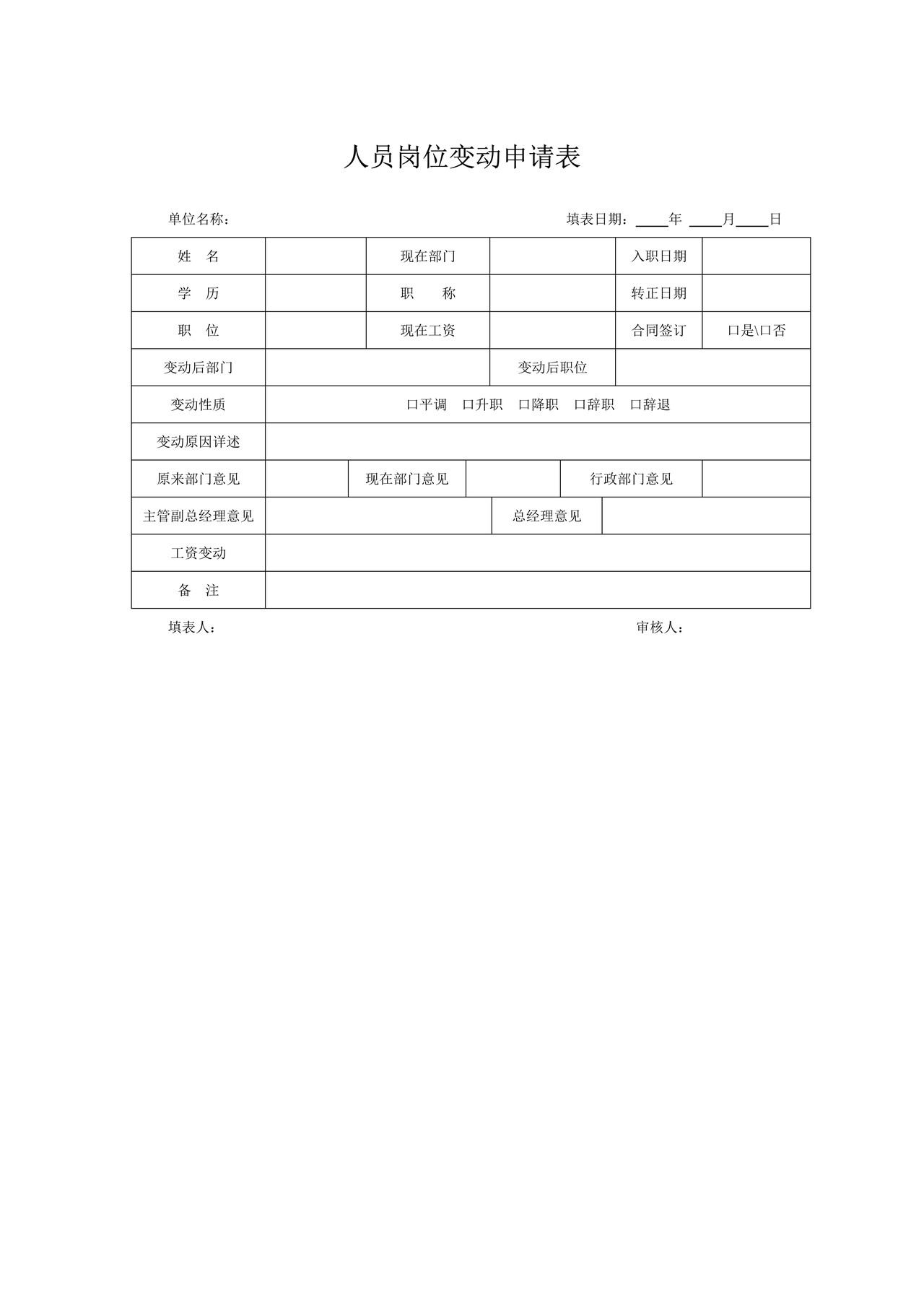 人员岗位变动申请表