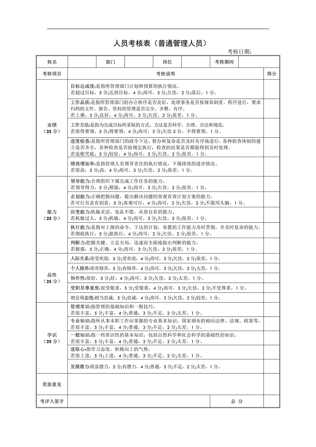 年终考核表(普通与高层管理人员)