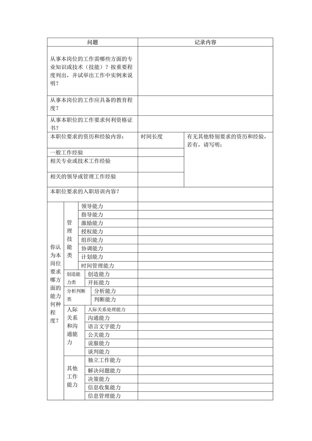 岗位评价结构化访谈提纲及记录表