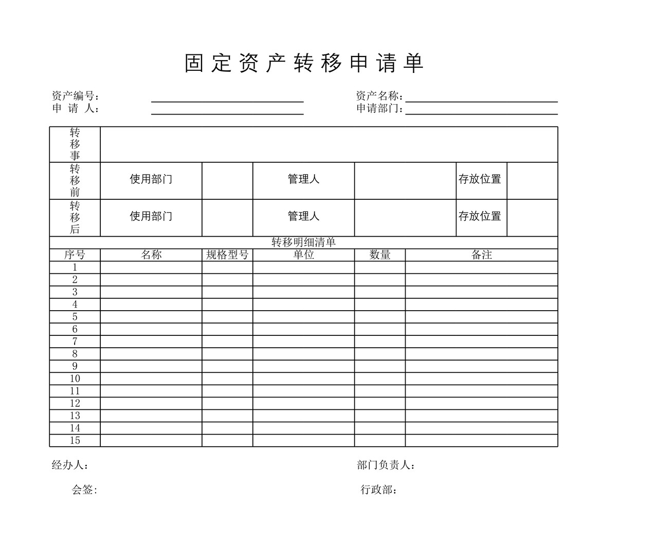 固定资产转移申请单
