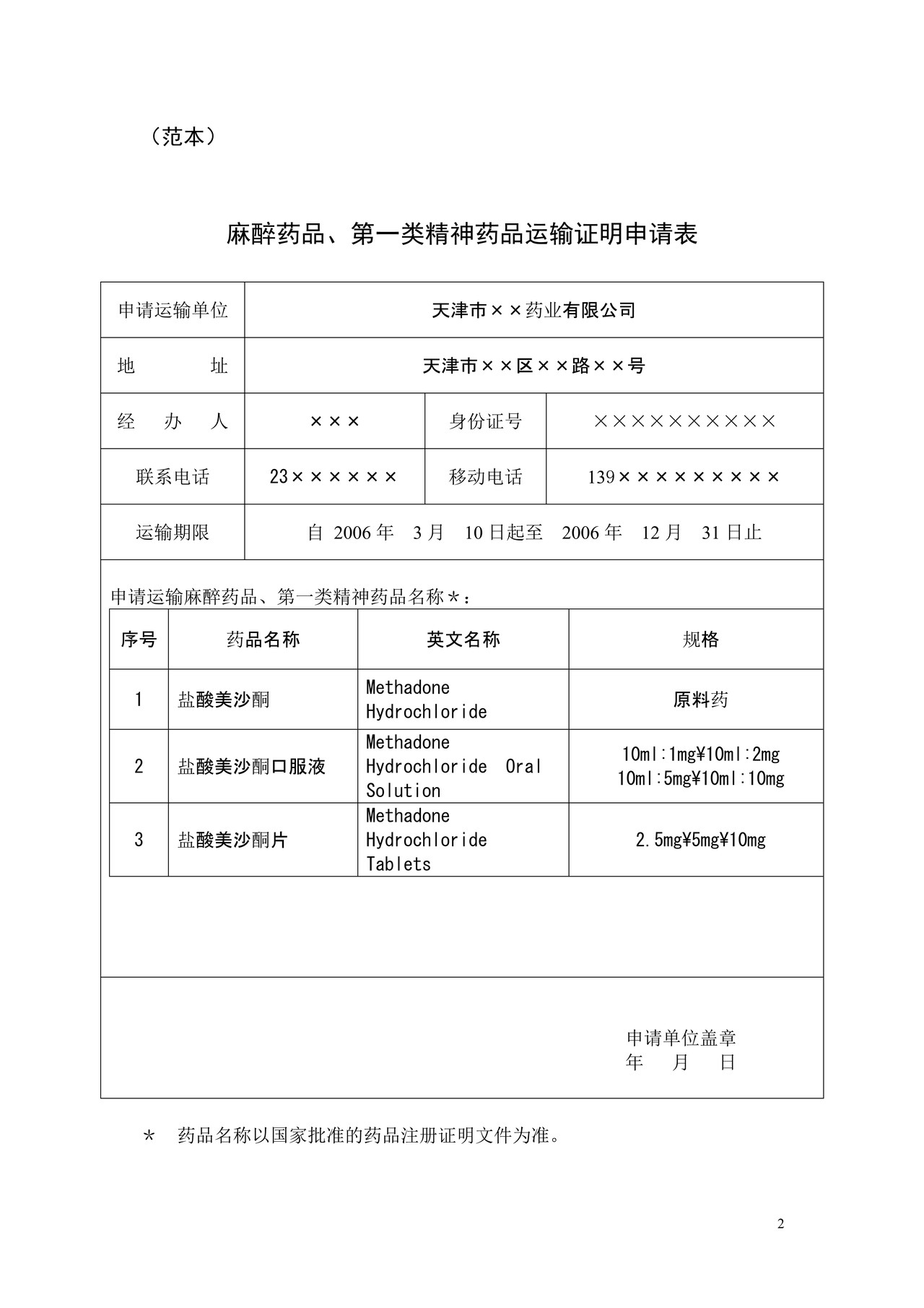 麻醉药品、第一类精神药品运输证明申请表及范本