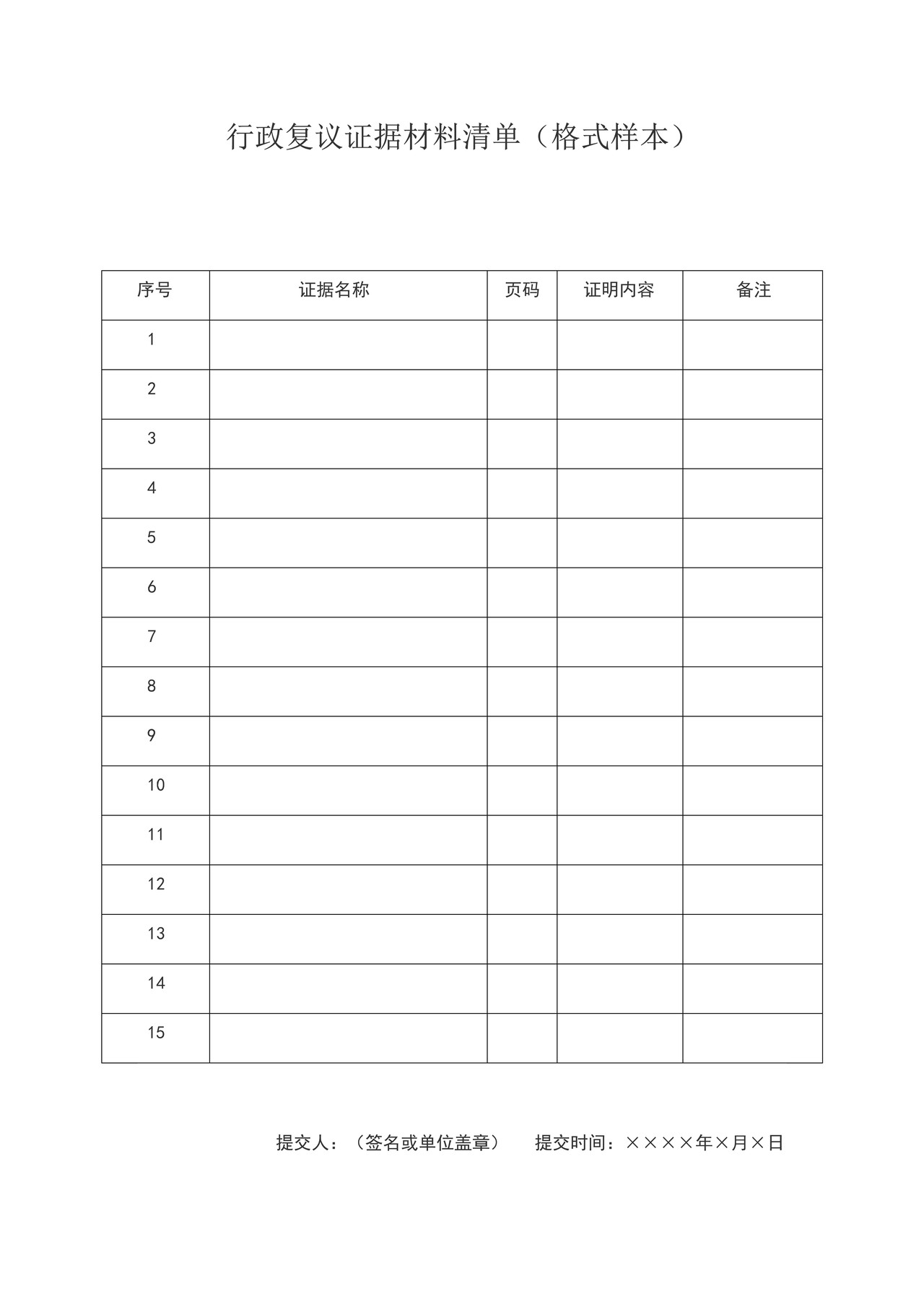 行政复议证据材料清单(格式样本)