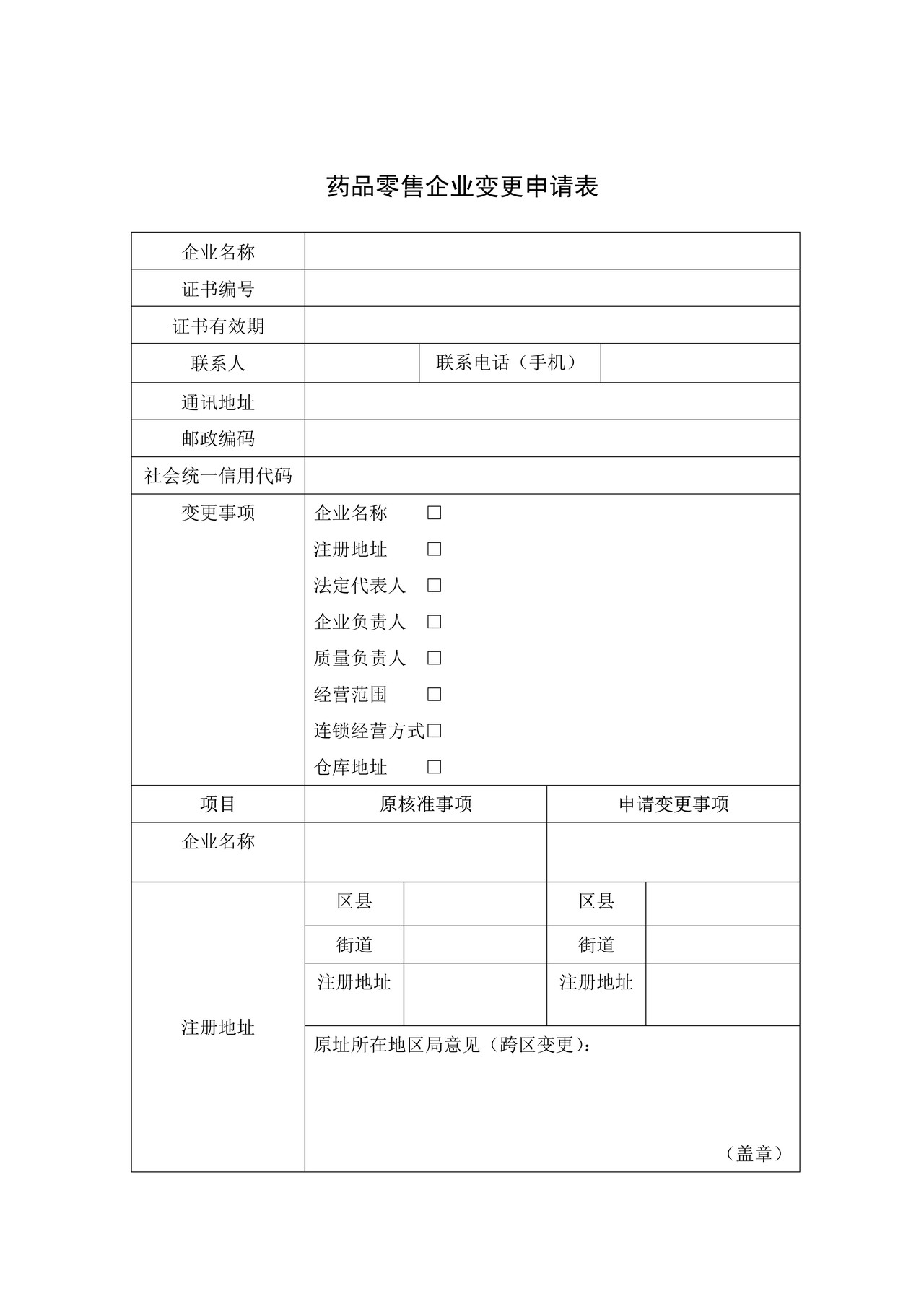 变更：药品零售企业变更申请表