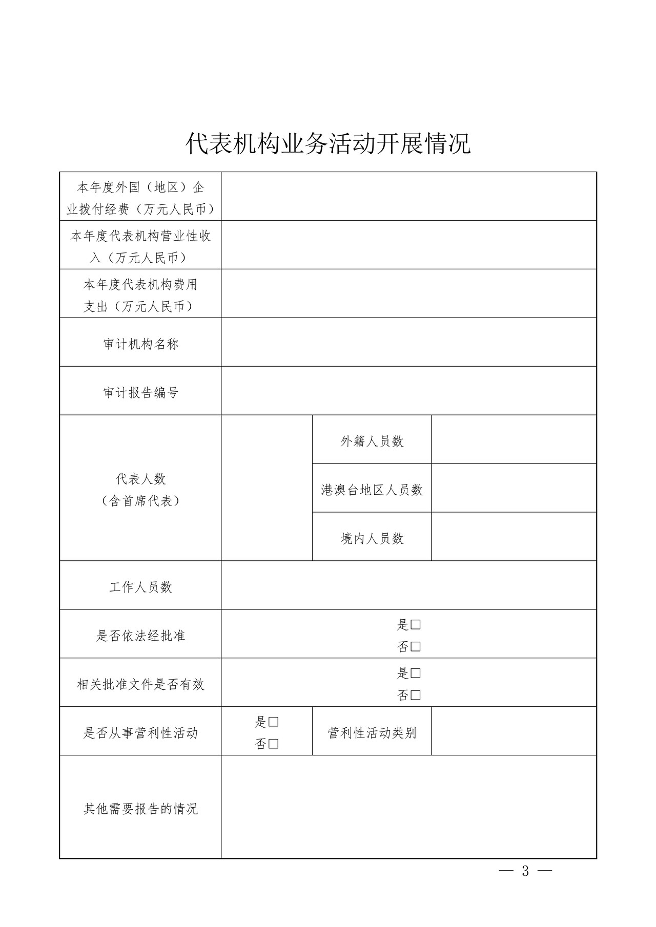 外国（地区）企业常驻代表机构年度报告书