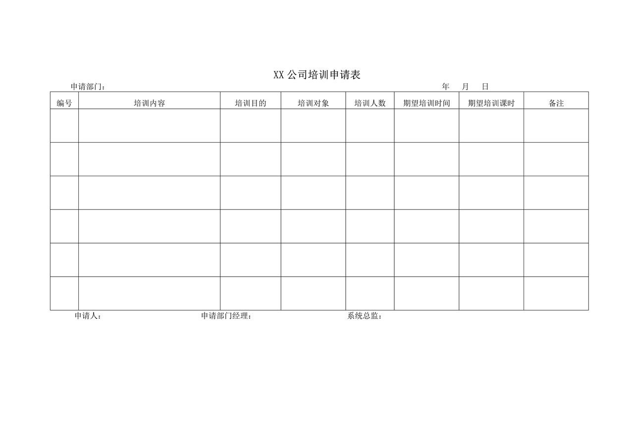 XX公司培训申请表